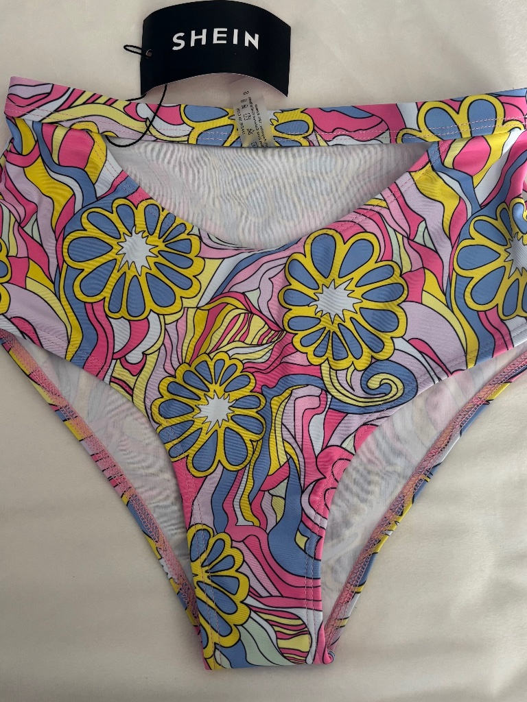 Shein Bikini Bottom Allover Print Cut-Out Groovy Pink Yellow Women's Size S Nwt